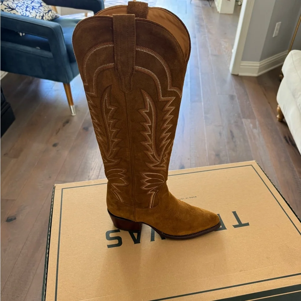 Tecovas Brown Suede Abby Heeled Boots - Picture 1 of 7